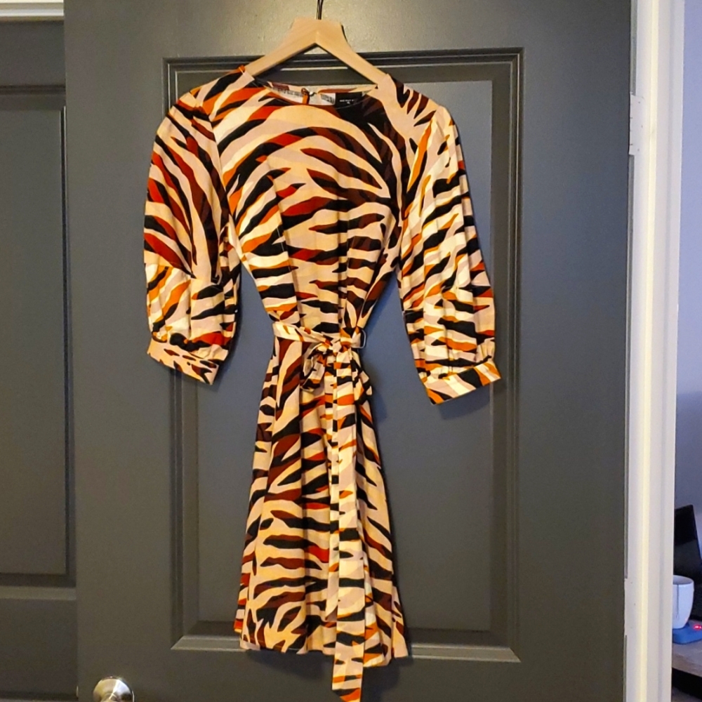 Who What Wear Cream, Black & Brown Zebra-Print Mini Dress with Orange Accents